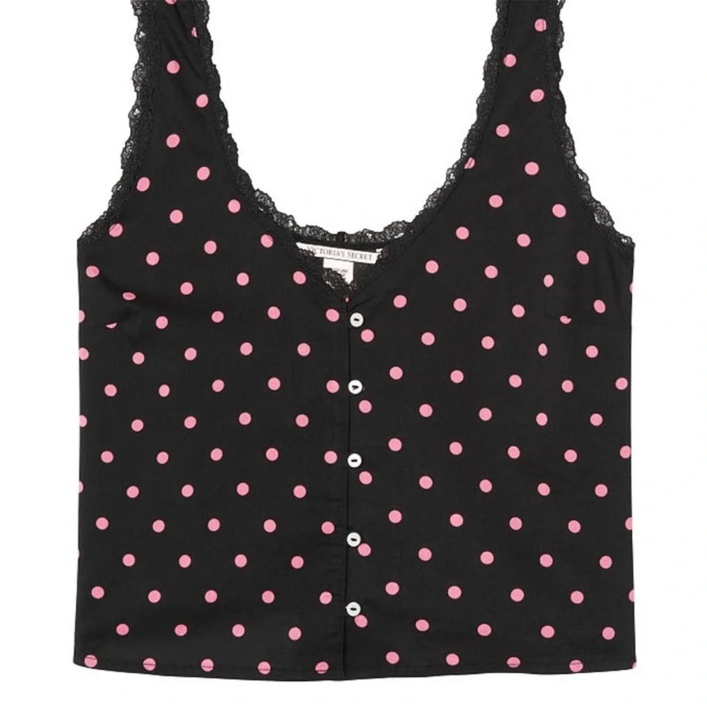 L Victoria's Secret Cotton Lace-Trim Button-Up Cami Black W/ Pink Polka Dots NWT - Picture 3 of 5